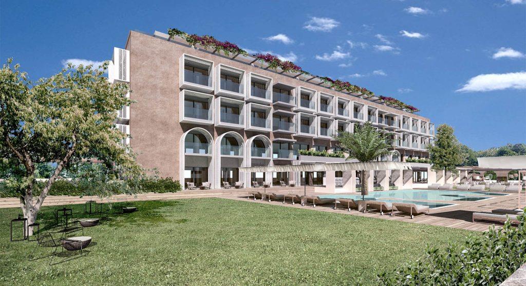 view of the hotel with folds and arches with the poolside with lounge chairs and outdoor designed space