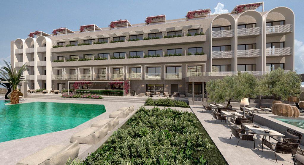 main view of the redesign of the hotel with the outdoor space with the main pool and the restaurant area