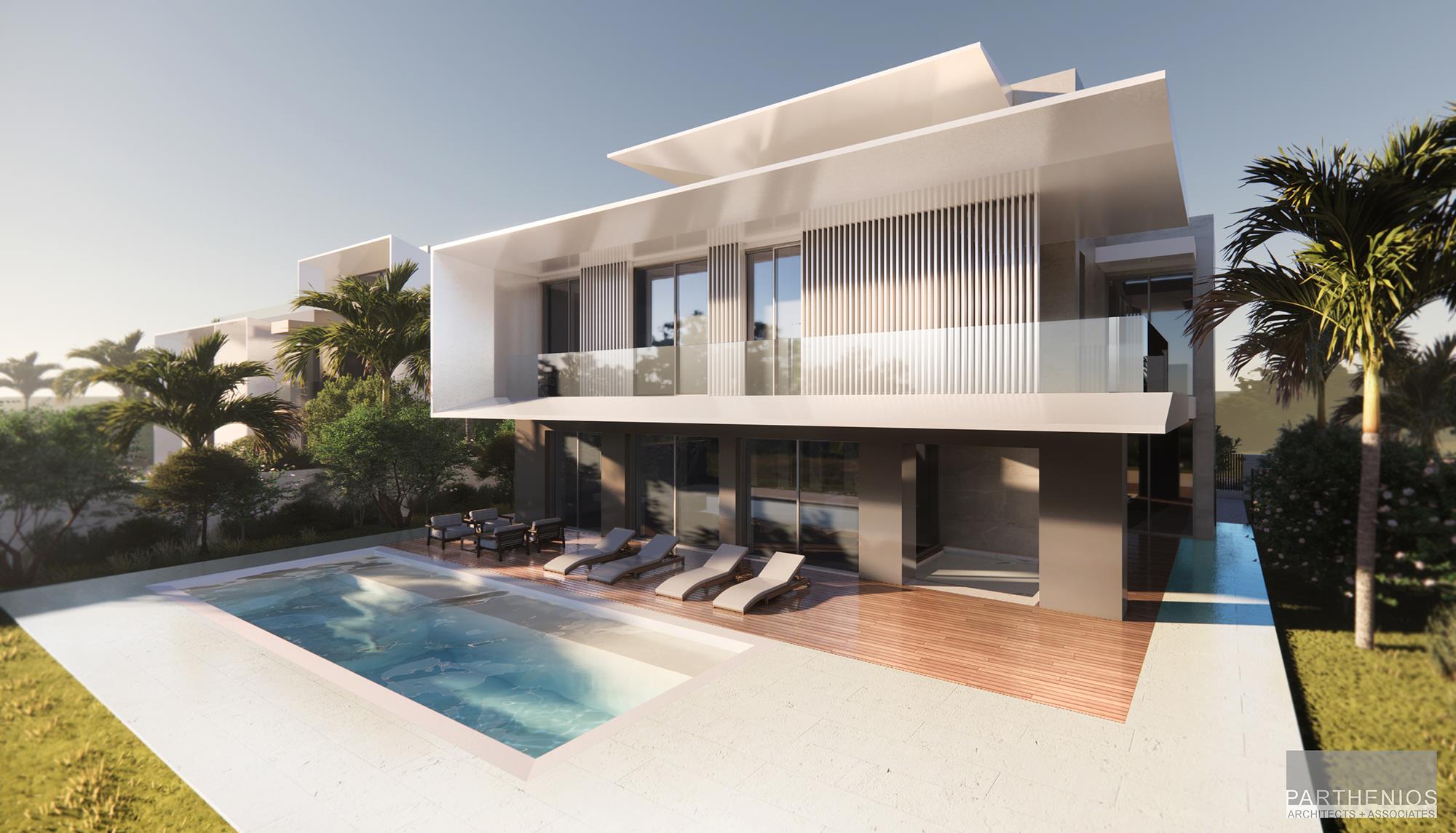 back view of a villa with a pool in Dubai