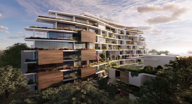 Residential complex with private through garden patios
