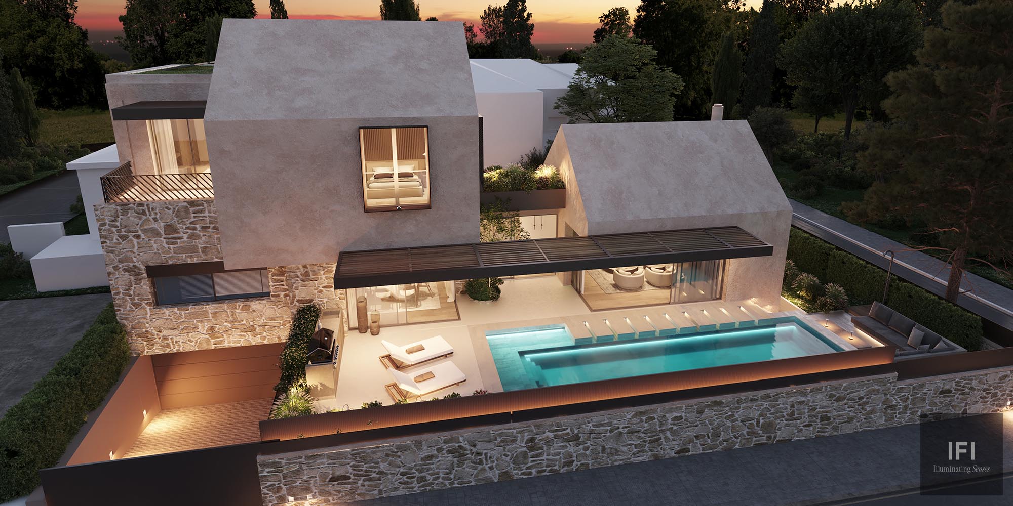 exterior image of a residence with exterior lights, a pool and stone fence