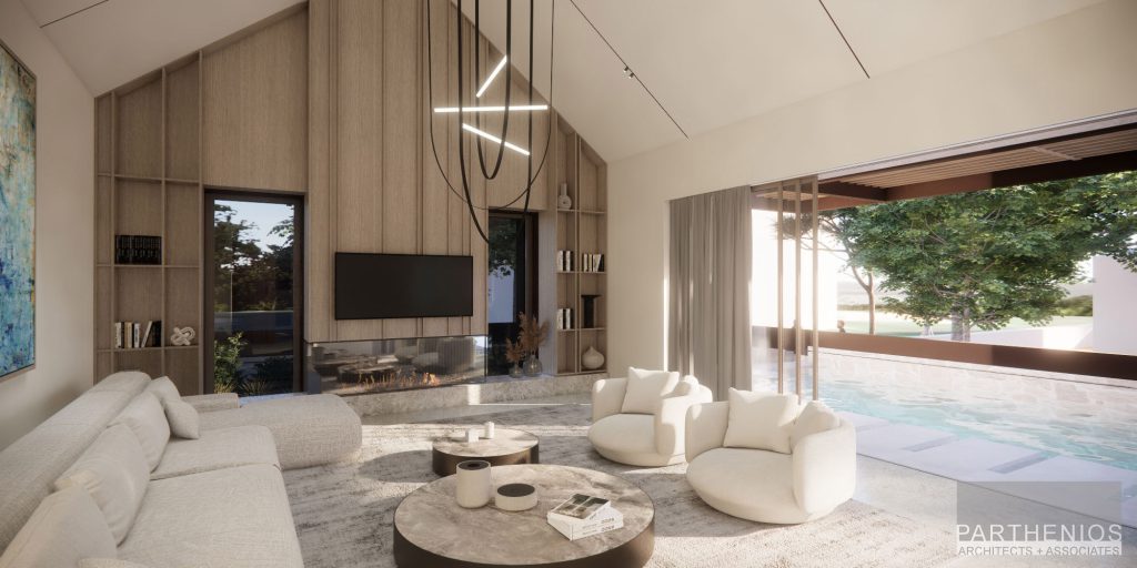 living room of a residence with pool