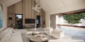 living room of a residence with pool