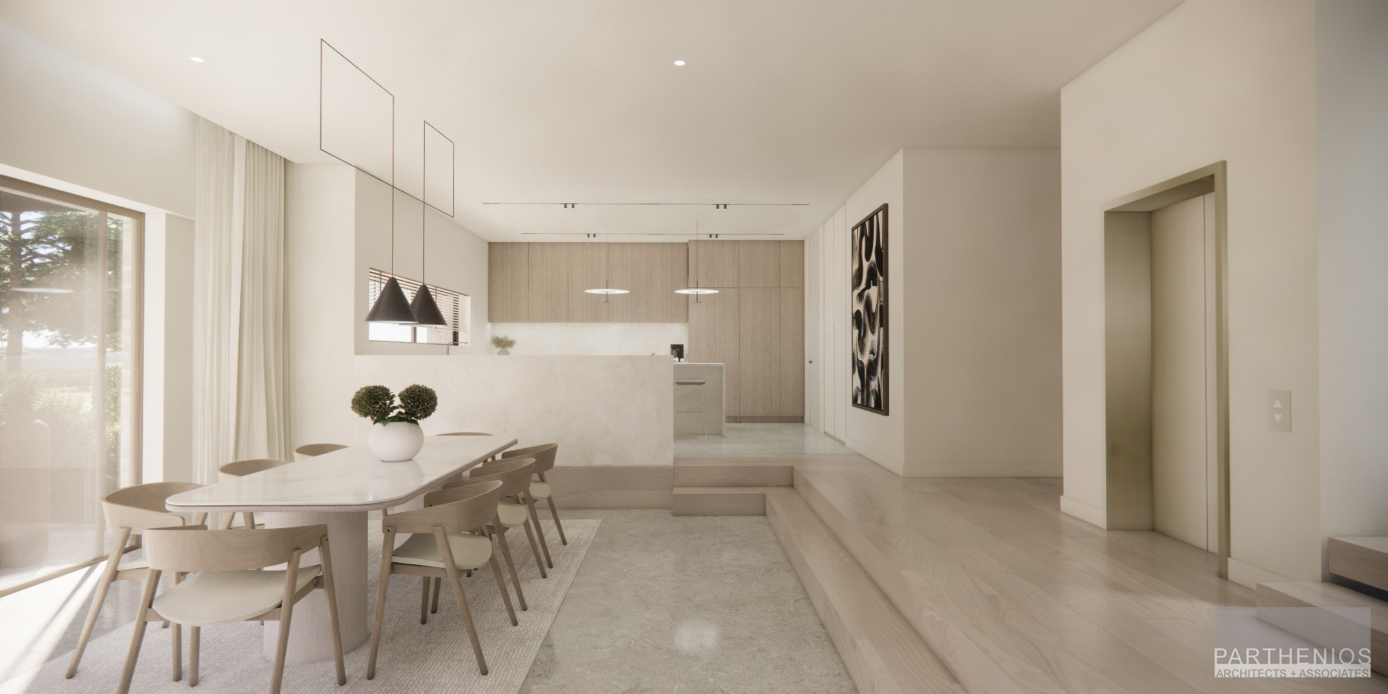 dining area and kitchen of a residence