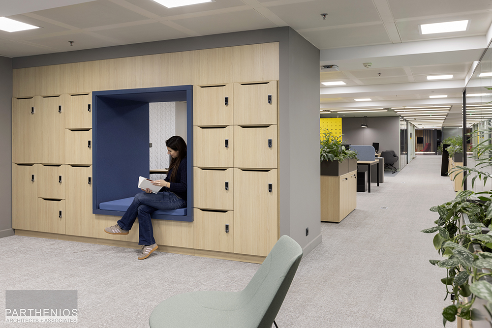 sitting area with lockers at workspaces